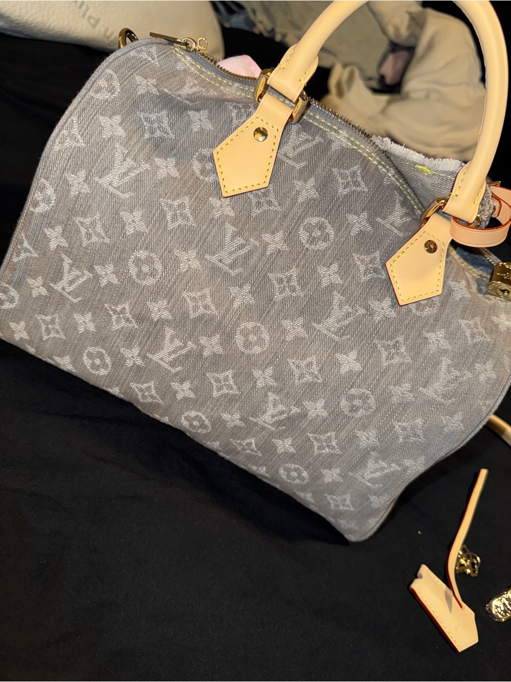 Fashion Gray Monogram Canvas Tote with Natural Leather Trim